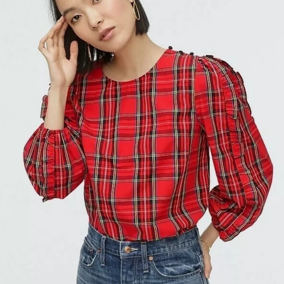 J. Crew Tops - J. Crew Red Tartan Ruffle Sleeve Top size L